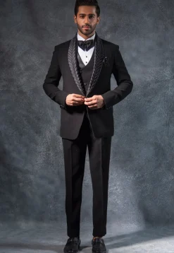 Hand Embroidered Terry Rayon Tuxedo Set in Black