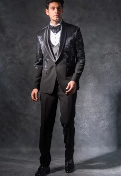 Hand Embroidered Terry Rayon Tuxedo Set in Black