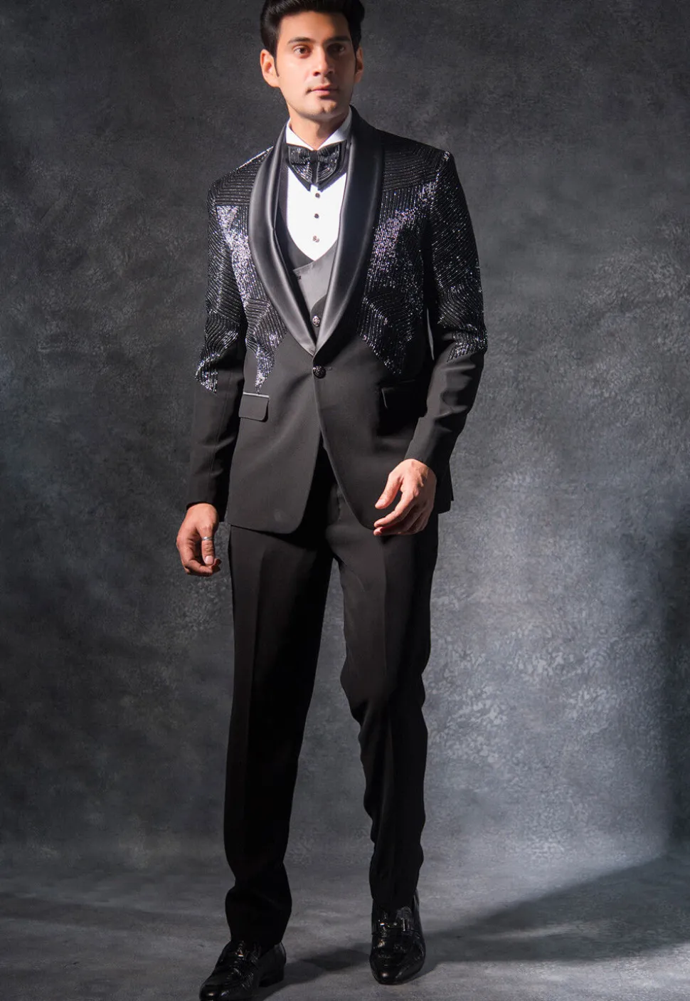 Hand Embroidered Terry Rayon Tuxedo Set in Black
