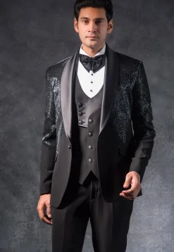 Hand Embroidered Terry Rayon Tuxedo Set in Black