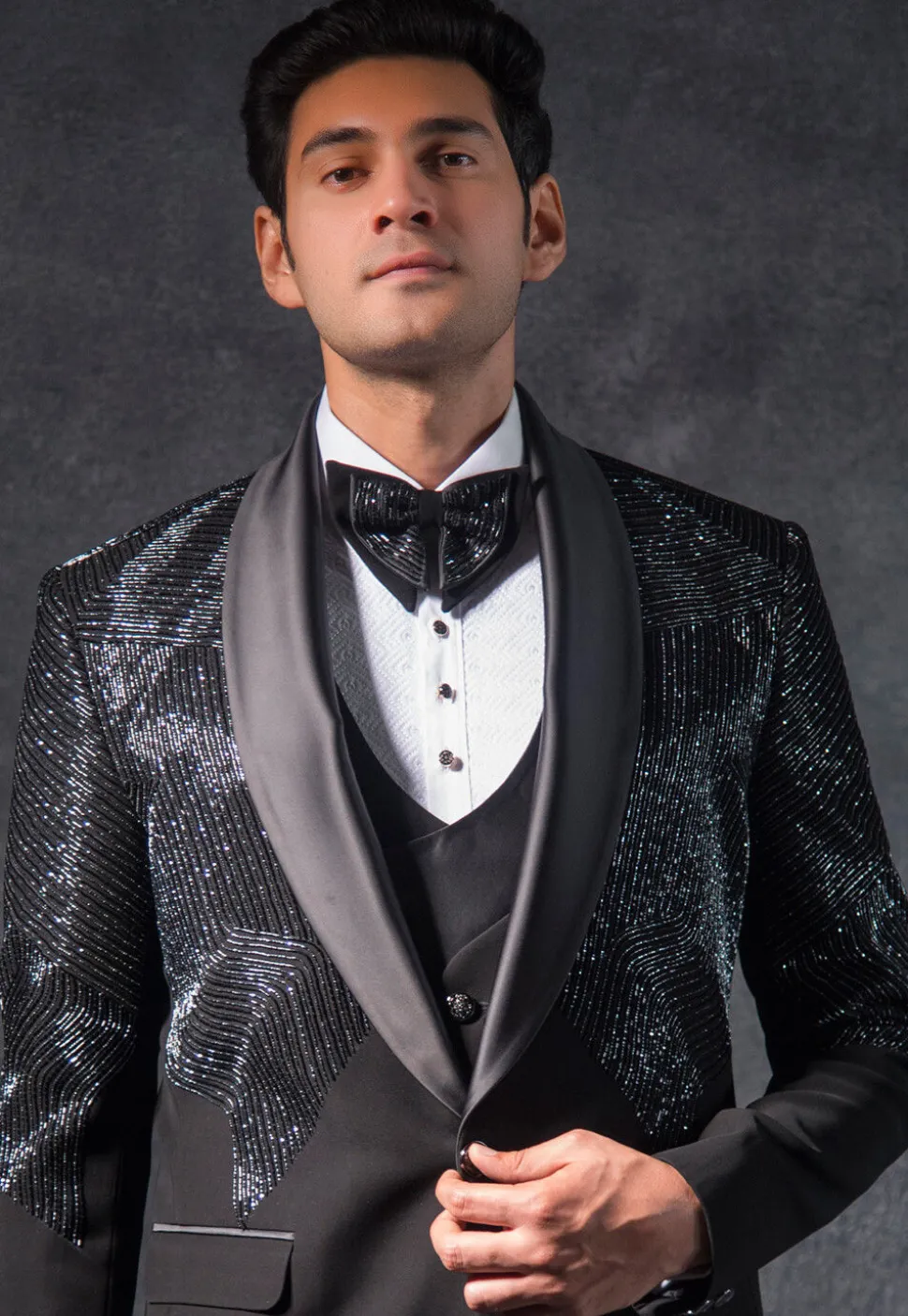 Hand Embroidered Terry Rayon Tuxedo Set in Black