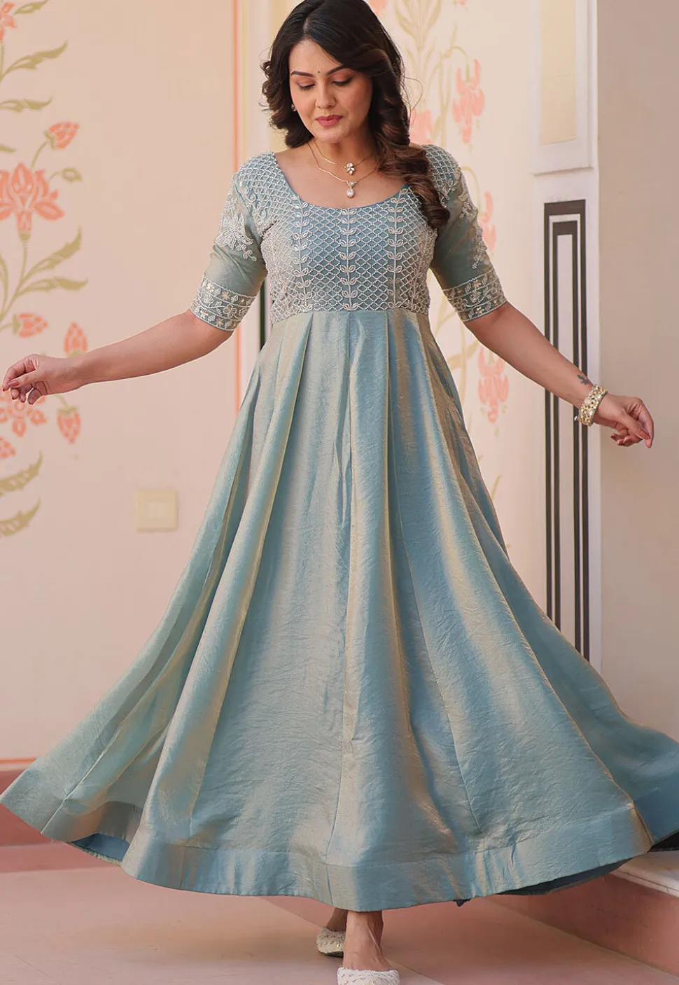 Hand Embroidered Tissue Gown in Blue