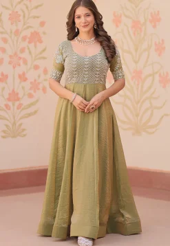 Hand Embroidered Tissue Gown in Olive Green