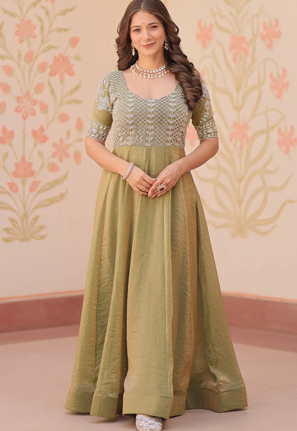 Hand Embroidered Tissue Gown in Olive Green