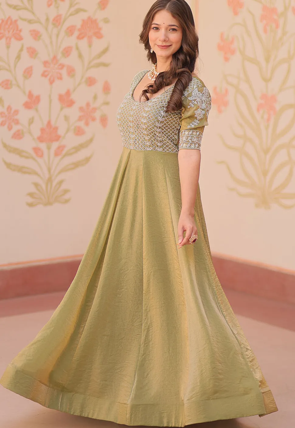 Hand Embroidered Tissue Gown in Olive Green
