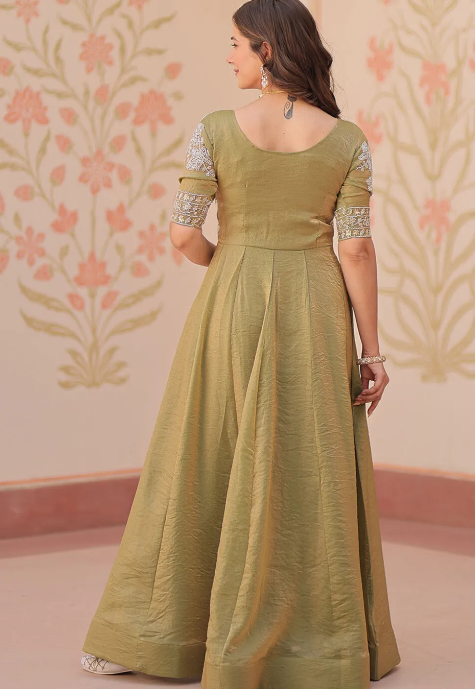 Hand Embroidered Tissue Gown in Olive Green