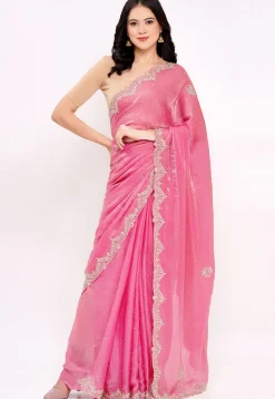 Hand Embroidered Tissue Silk Saree in Pink