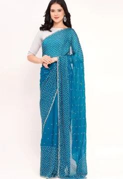 Hand Embroidered Tissue Silk Saree in Teal Blue