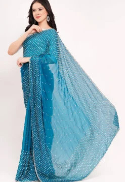 Hand Embroidered Tissue Silk Saree in Teal Blue