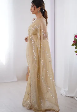Hand Embroidered Tissue Saree in Beige