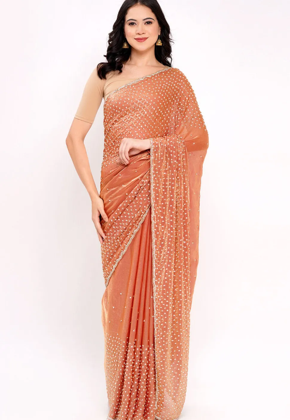 Hand Embroidered Tissue Silk Saree in Pastel Orange