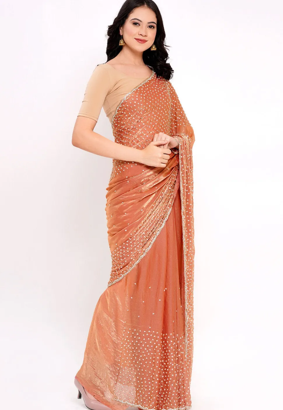 Hand Embroidered Tissue Silk Saree in Pastel Orange