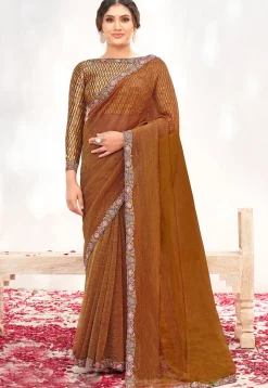 Hand Embroidered Tissue Silk Saree in Rust