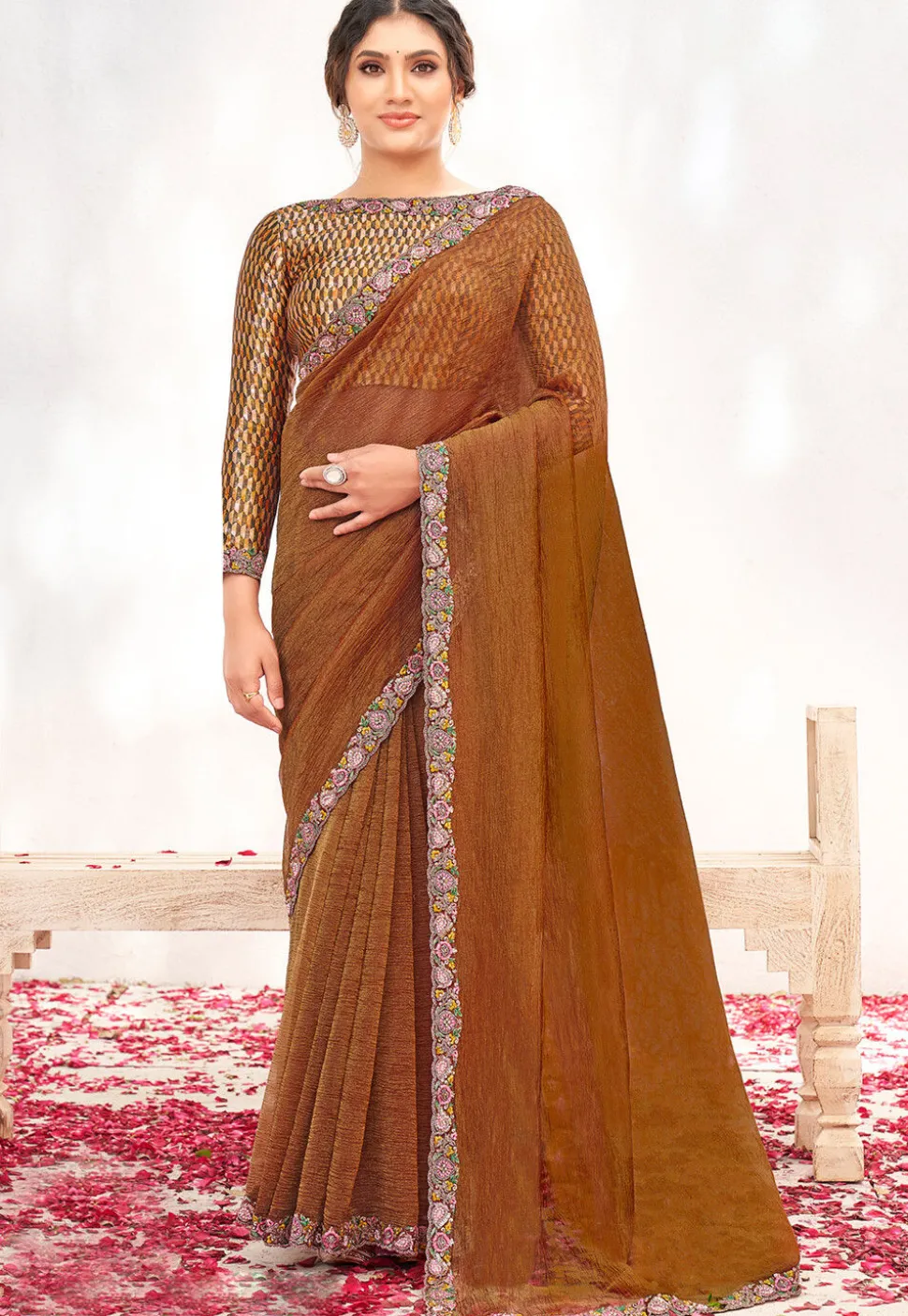 Hand Embroidered Tissue Silk Saree in Rust