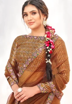 Hand Embroidered Tissue Silk Saree in Rust