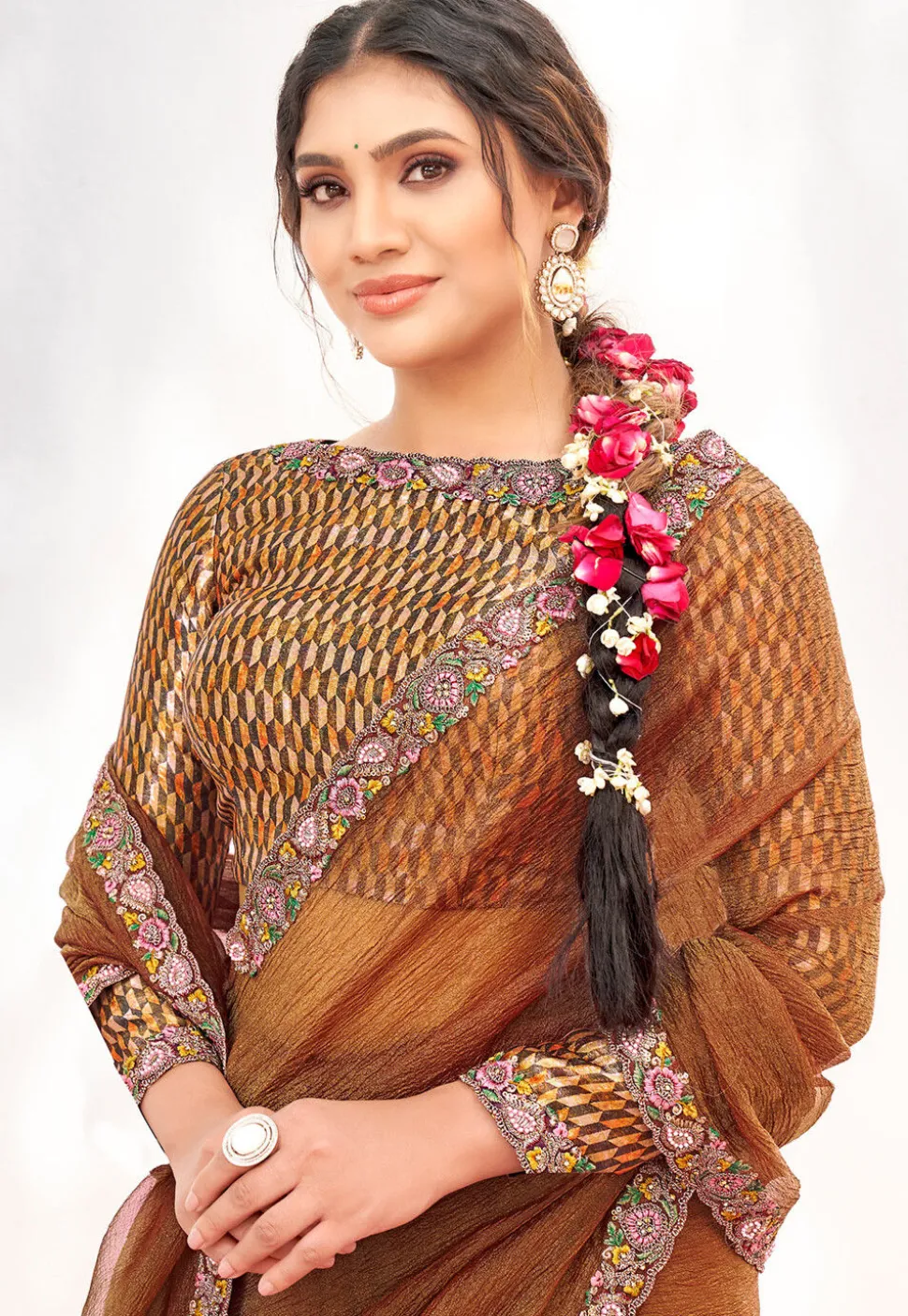 Hand Embroidered Tissue Silk Saree in Rust