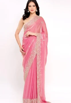 Hand Embroidered Tissue Silk Saree in Pink