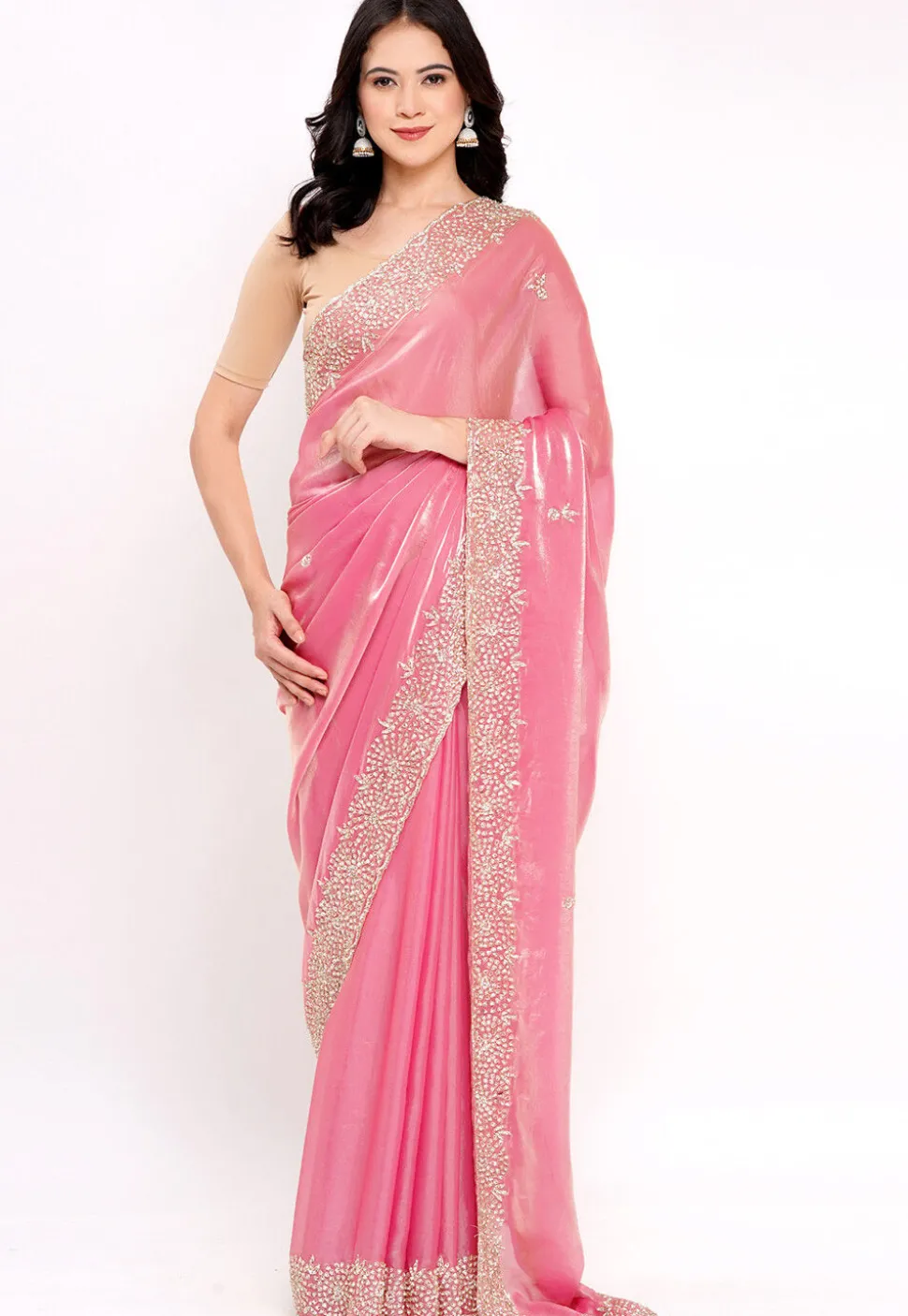 Hand Embroidered Tissue Silk Saree in Pink