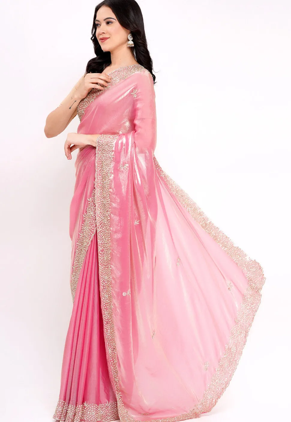 Hand Embroidered Tissue Silk Saree in Pink