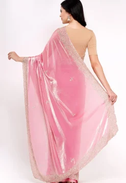 Hand Embroidered Tissue Silk Saree in Pink