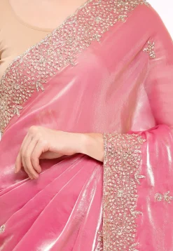 Hand Embroidered Tissue Silk Saree in Pink