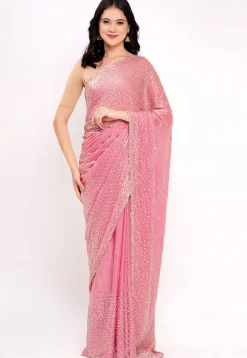 Hand Embroidered Tissue Silk Saree in Pink