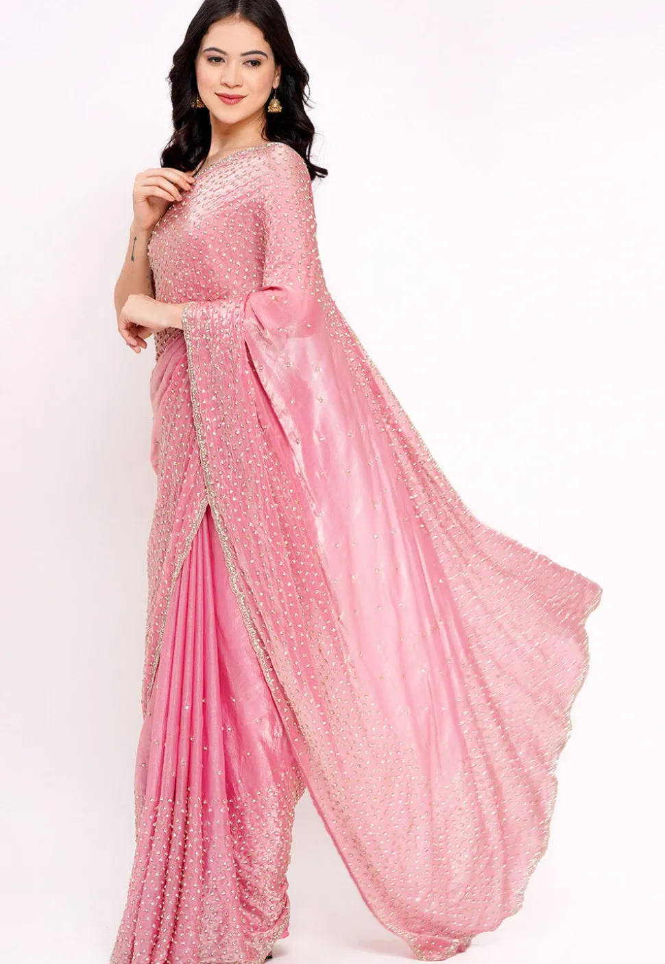 Hand Embroidered Tissue Silk Saree in Pink