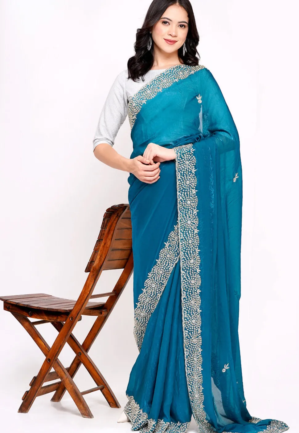 Hand Embroidered Tissue Silk Saree in Teal Blue