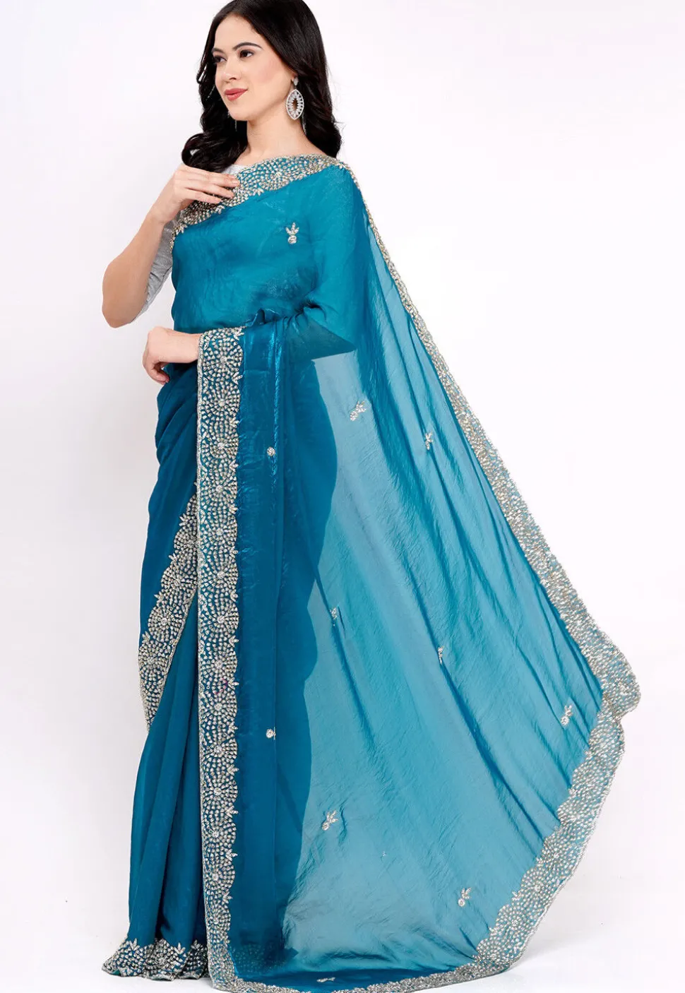 Hand Embroidered Tissue Silk Saree in Teal Blue