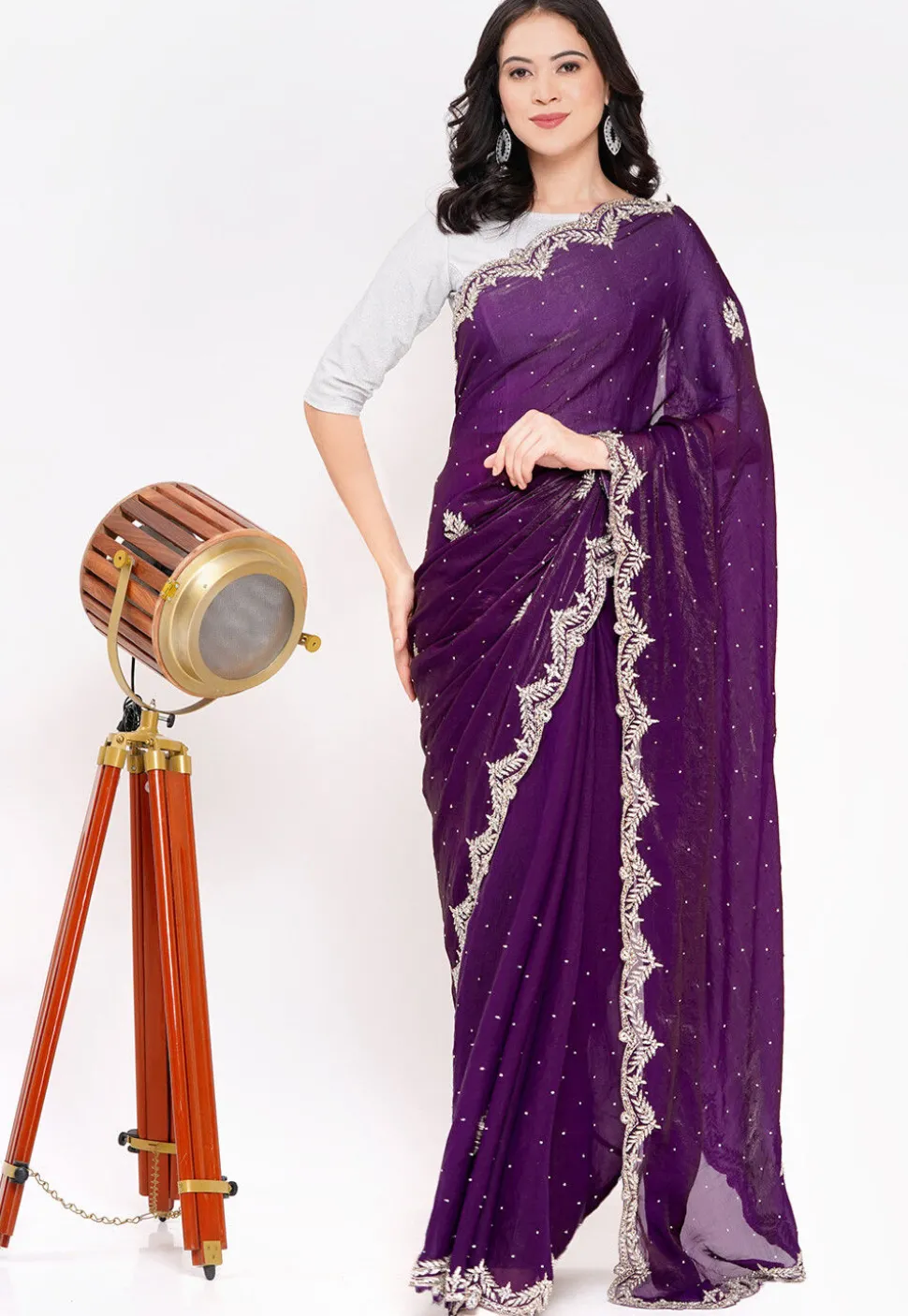 Hand Embroidered Tissue Silk Saree in Purple