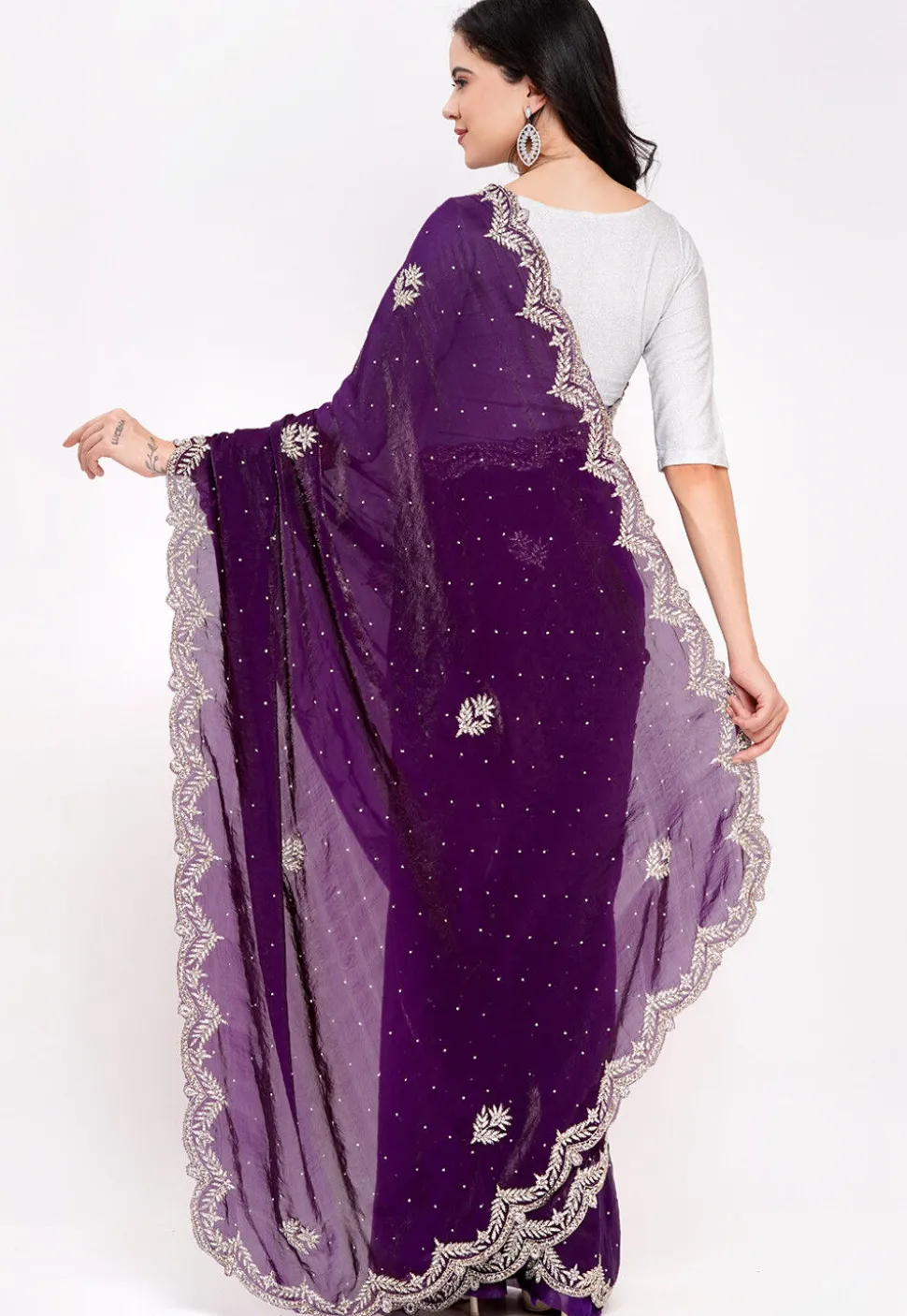 Hand Embroidered Tissue Silk Saree in Purple