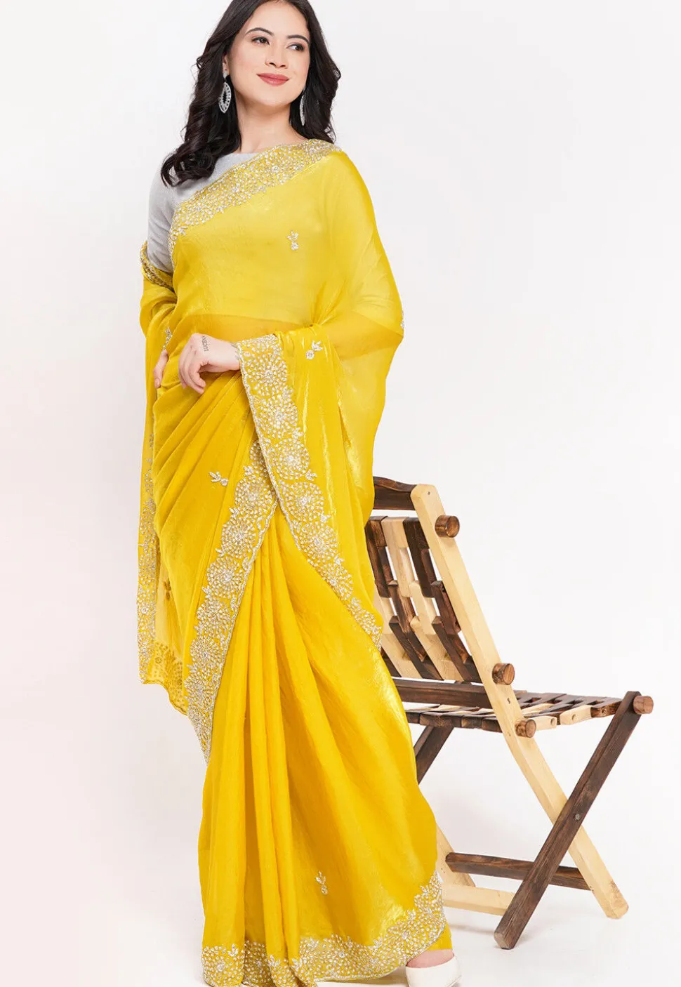 Hand Embroidered Tissue Silk Saree in Yellow