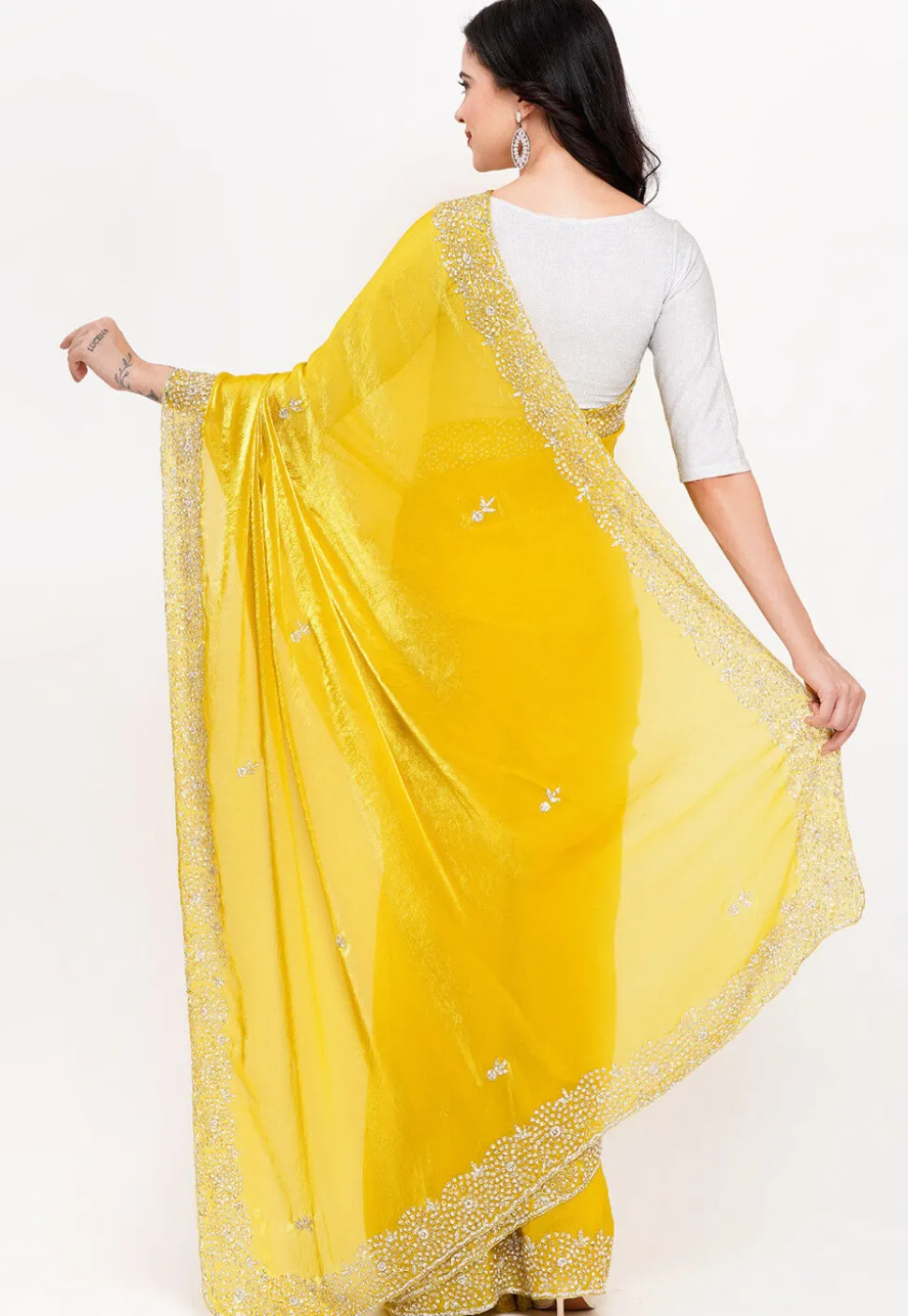Hand Embroidered Tissue Silk Saree in Yellow