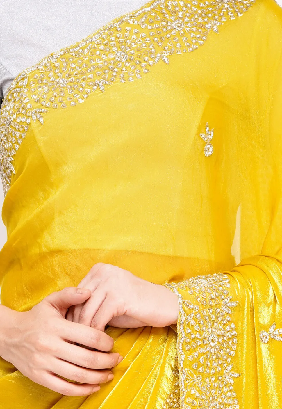 Hand Embroidered Tissue Silk Saree in Yellow