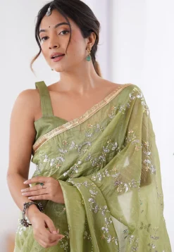 Hand Embroidered Tissue Saree in Green