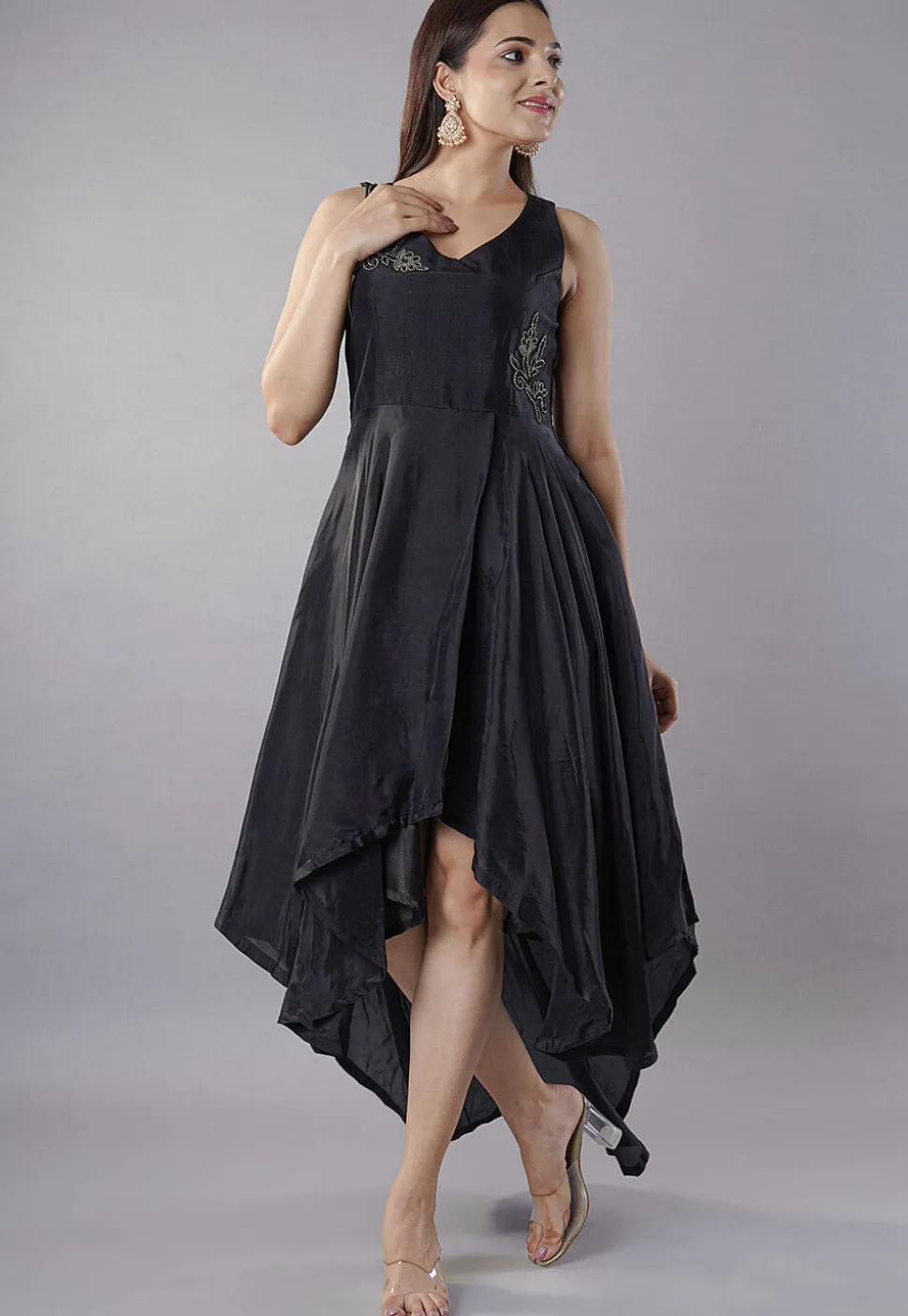 Hand Embroidered Uppada Silk Asymmetric Dress in Black