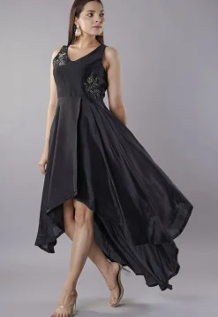 Hand Embroidered Uppada Silk Asymmetric Dress in Black