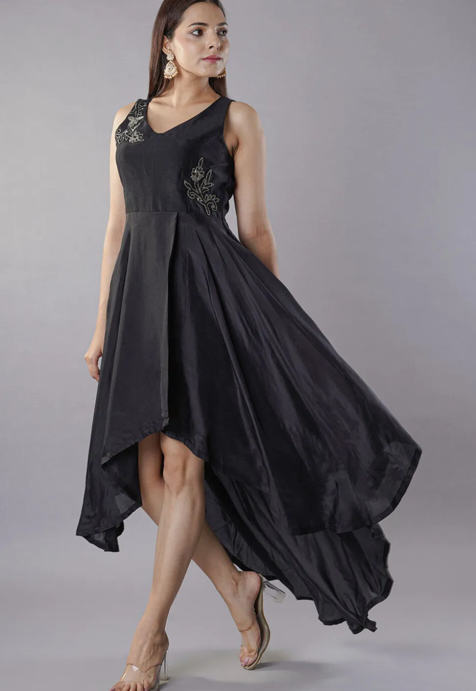 Hand Embroidered Uppada Silk Asymmetric Dress in Black