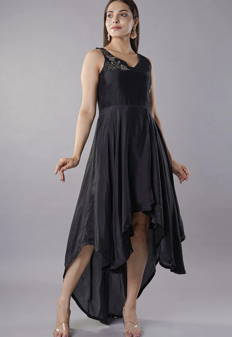 Hand Embroidered Uppada Silk Asymmetric Dress in Black