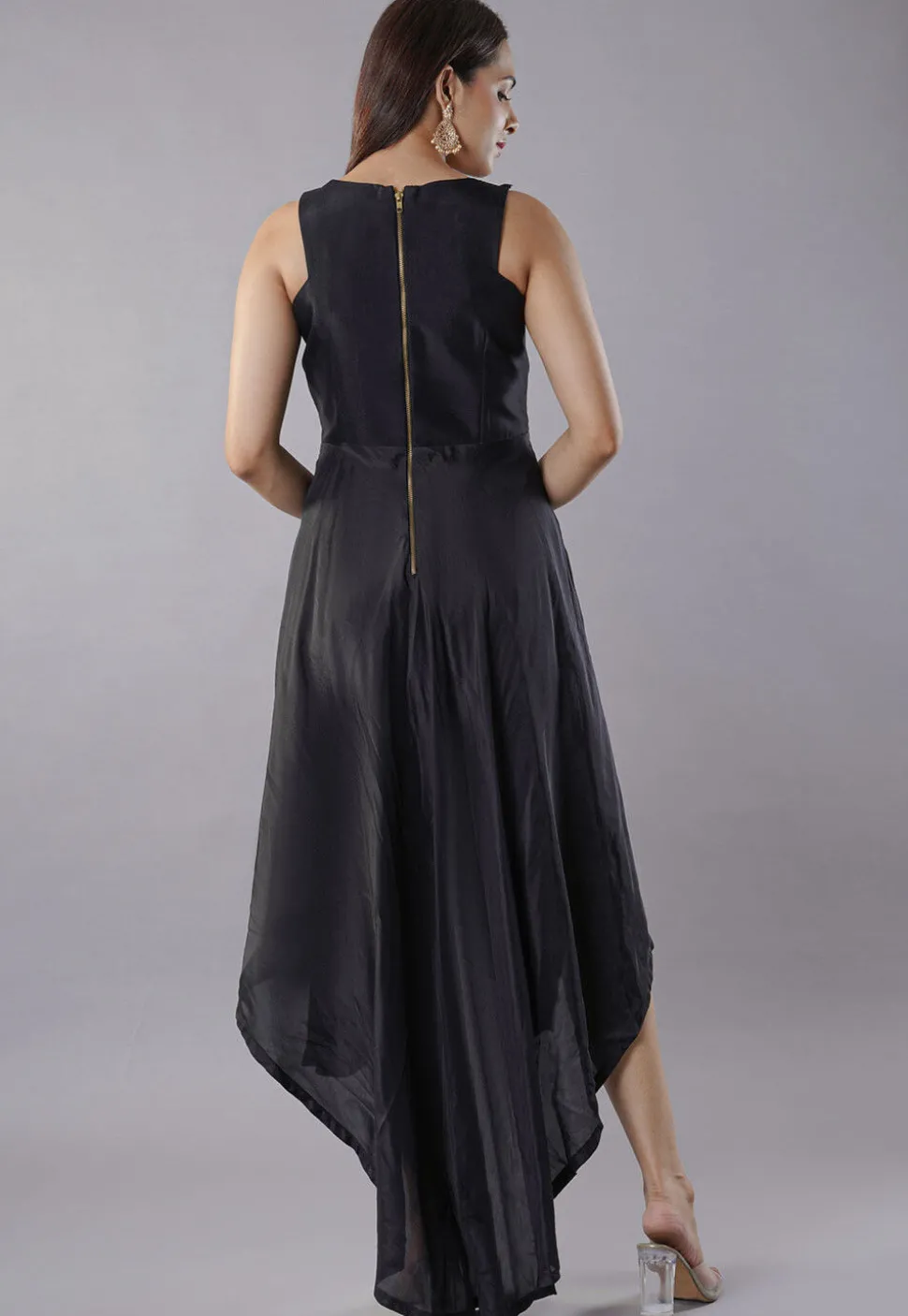 Hand Embroidered Uppada Silk Asymmetric Dress in Black