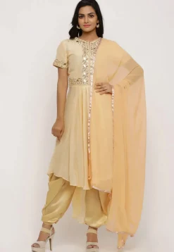 Hand Embroidered Uppada Silk Pleated Punjabi Suit in Yellow
