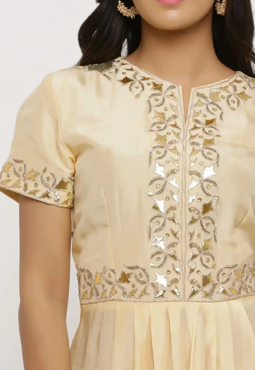 Hand Embroidered Uppada Silk Pleated Punjabi Suit in Yellow