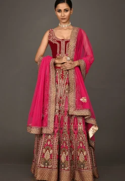 Hand Embroidered Velvet Lehenga in Red