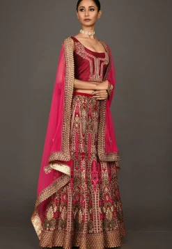 Hand Embroidered Velvet Lehenga in Red