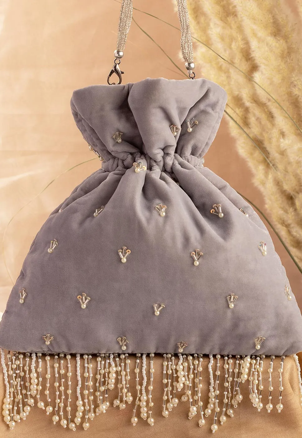 Hand Embroidered Velvet Potli Bag in Grey