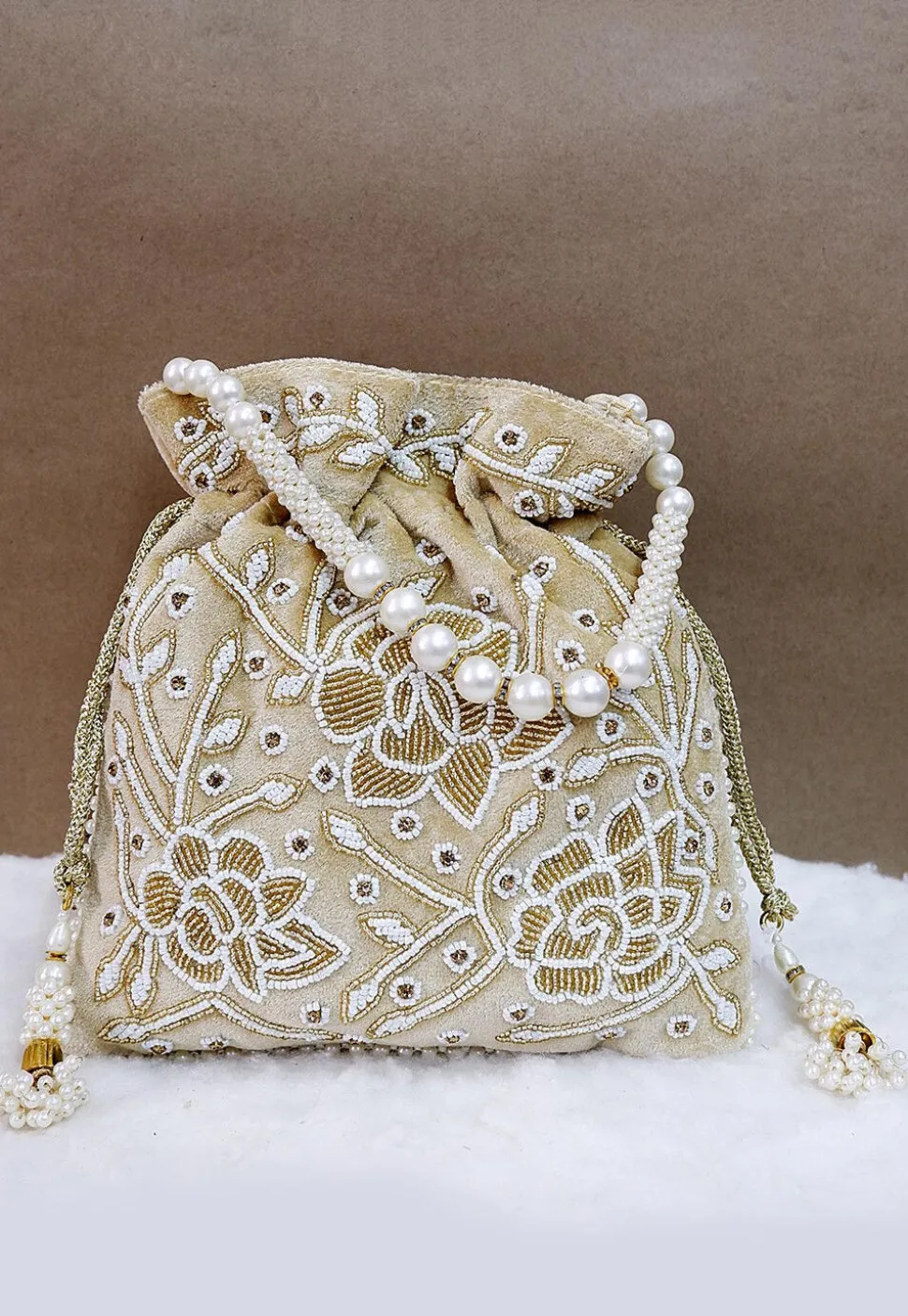 Hand Embroidered Velvet Potli Bag in Beige