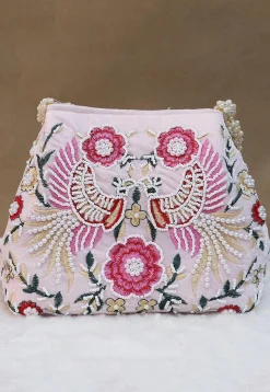 Hand Embroidered Velvet Potli Bag in Baby Pink