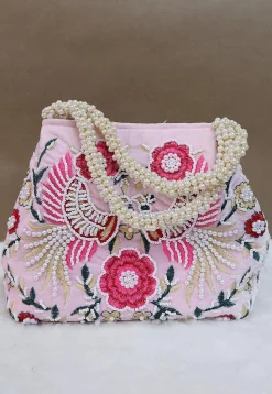 Hand Embroidered Velvet Potli Bag in Baby Pink