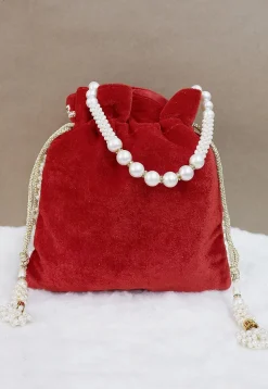 Hand Embroidered Velvet Potli Bag in Red