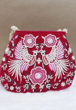 Hand Embroidered Velvet Potli Bag in Fuchsia